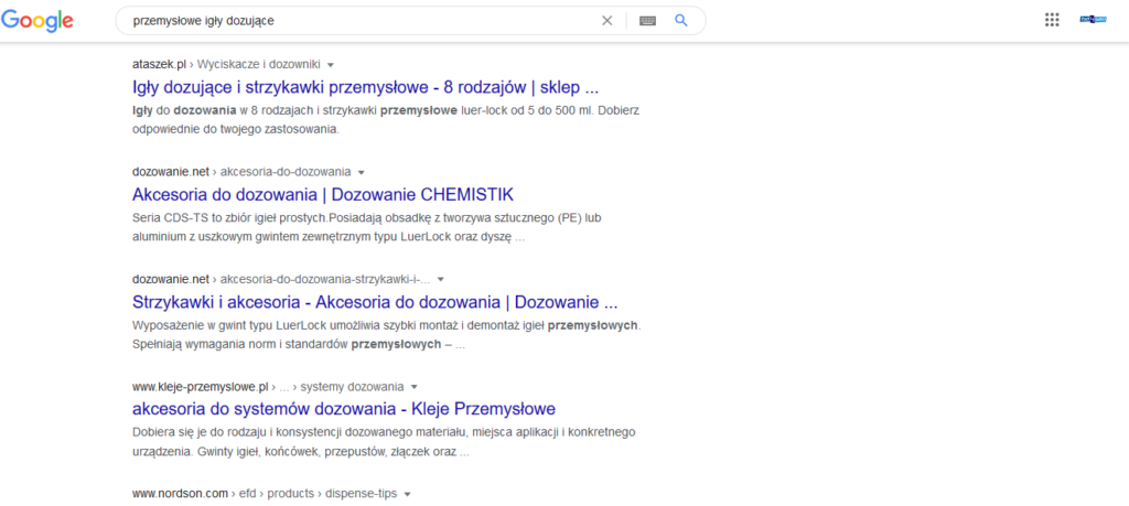 Screen pokazujący wyniki wyszukiwania dla frazy "przemysłowe igły dozujące" - porada strony dla copywriterów